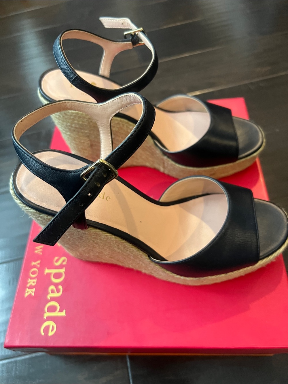 kate spade Black Leather Espadrille Wedge Sandals with Ankle Strap. Worn 1x.